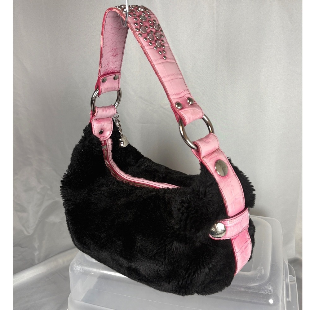 Kathy Van Zeeland Y2K Faux Fur Hobo Bag Pink Croc Trim Studded 90s Rave Black